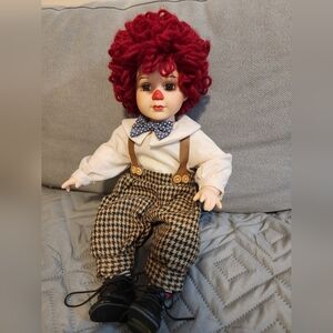 Porcelain Clown Doll • Red Yarn Hair • Vintage-style Outfit